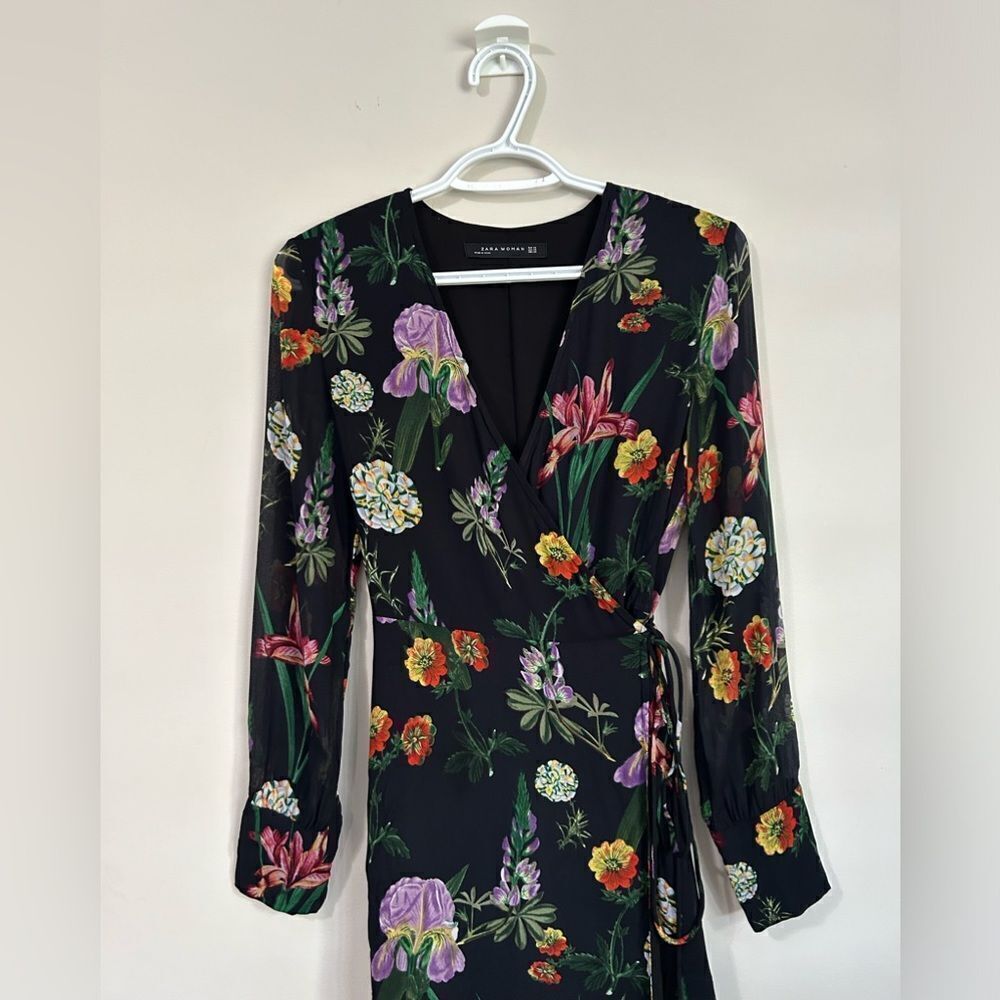 ZARA | Floral Print Long Sleeve Wrap Dress - Picture 3 of 11